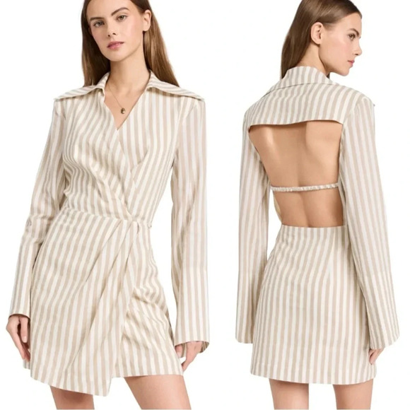 NANUSHKA Esma Cotton Linen Striped Wrap Open Back Mini Dress Size S NWT - Picture 1 of 12